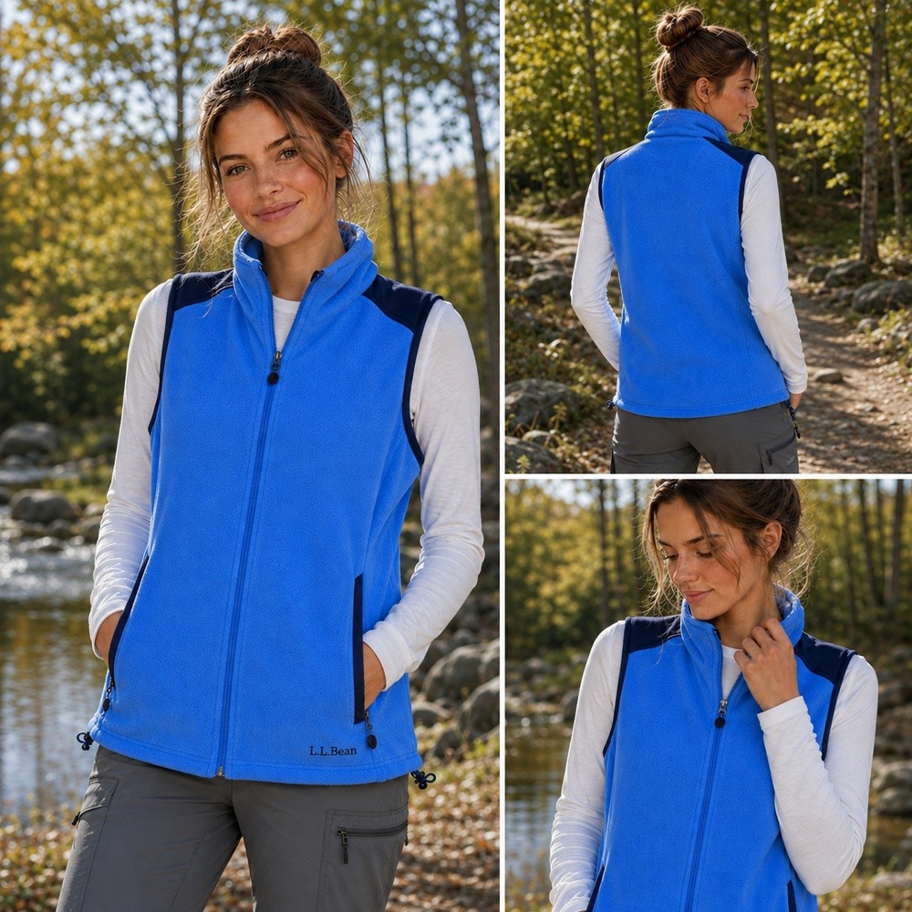 LL Bean Polartec Fleece Vest Blue Full Zip Nylon Shoulder WMS LG Hiking Layer